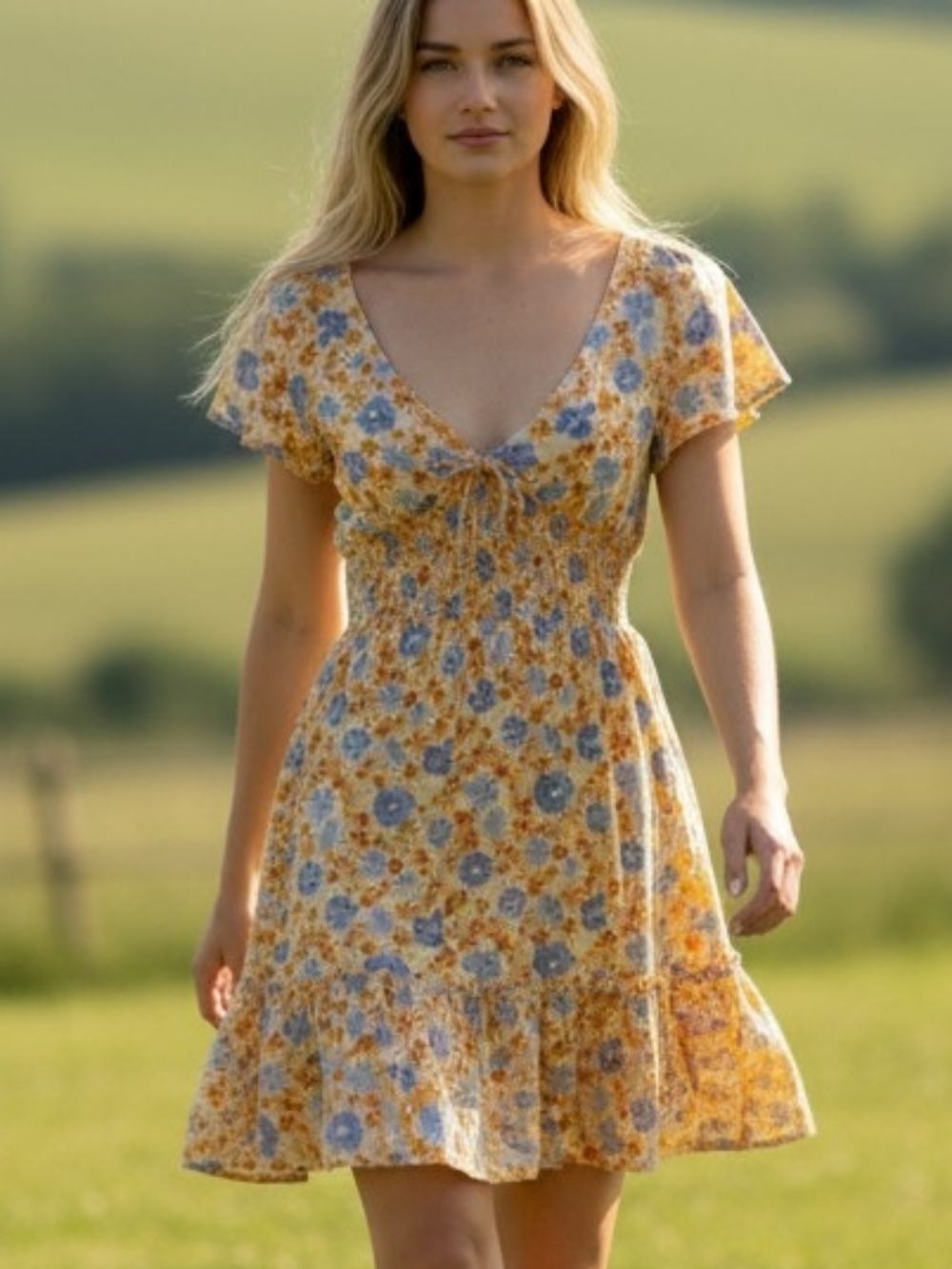 Arizona Floral Smocked Midi Dress Cottagecore Pastel Ruffle Sz M Garden Party